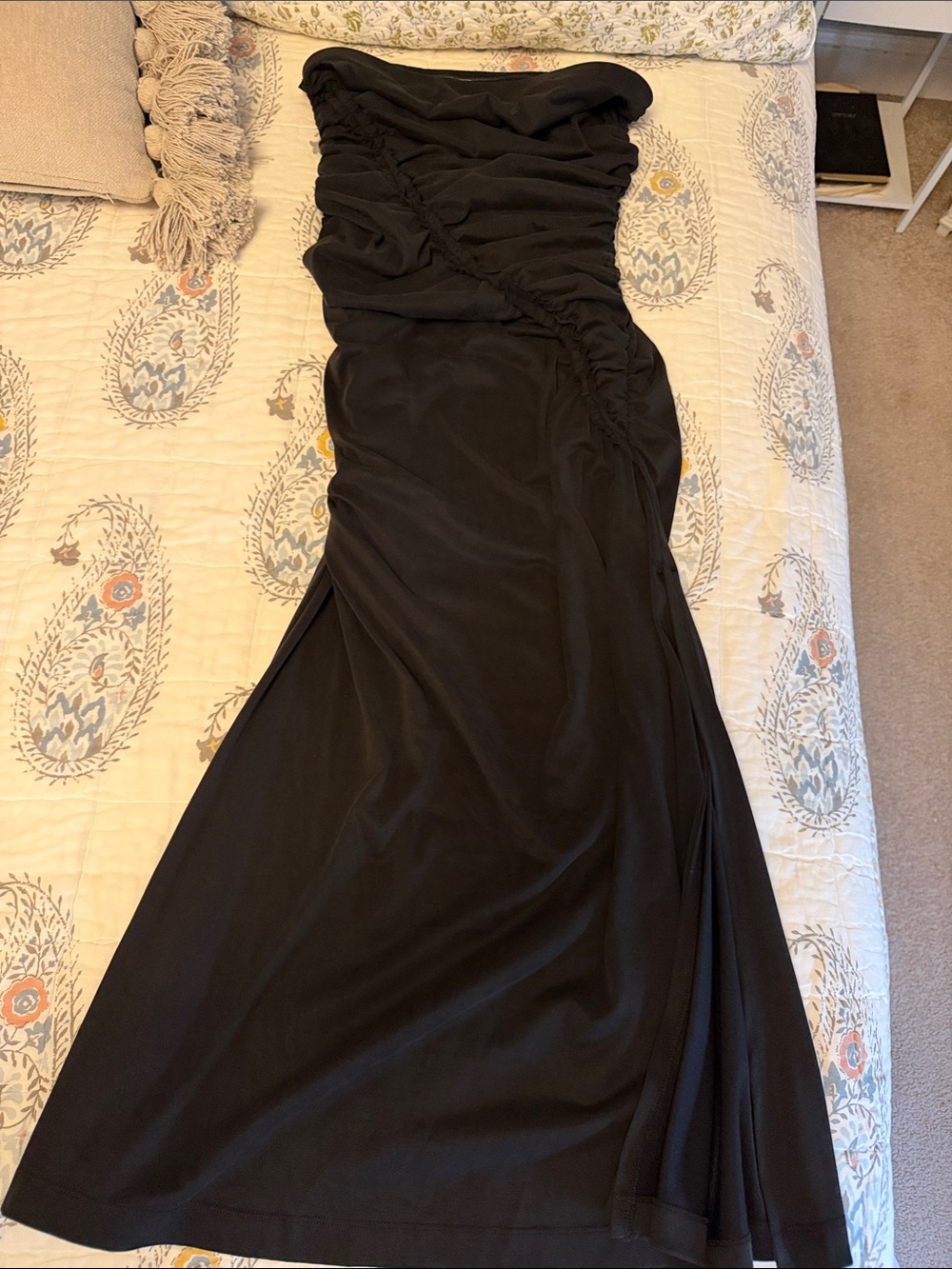 Anthropologie Black Strapless Ruched Gown